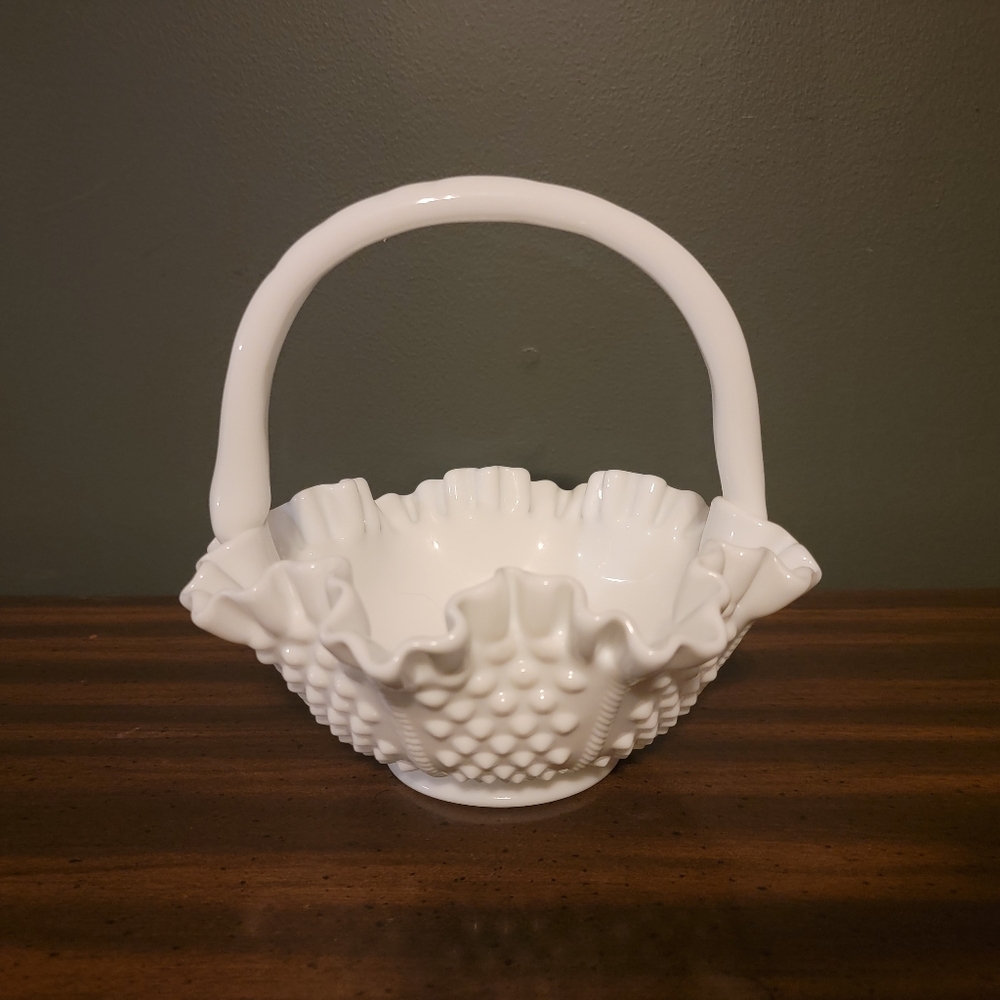 Fenton Milk Glass Hobnail Basket with Ruffled Edge